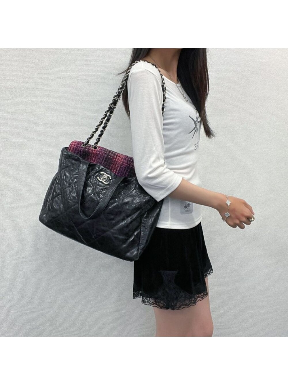Chanel CC Logo Quilted Tweed Flap 2-Way Tote Chain Shoulder Bag Leather Black